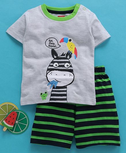 Babyhug Half Sleeves Printed T-Shirt & Shorts Set - Green Grey