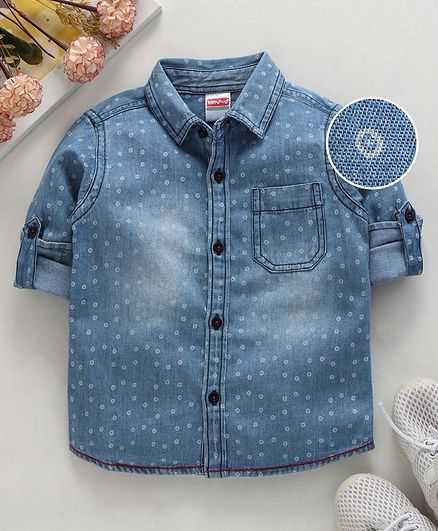 Babyhug Full Sleeves Printed Denim Shirt - Light Blue