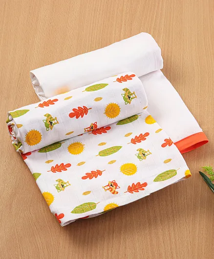 Babyhug 3 in 1 Premium Baby Cotton Muslin Wrapper Cum Swaddle Racoon Print Pack of 2 - Yellow & Green