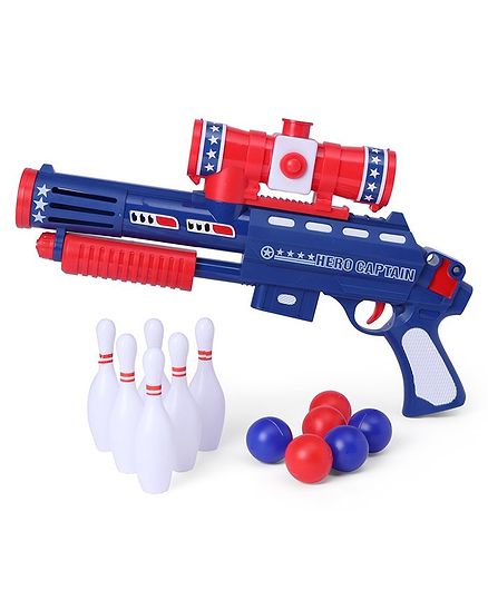 Ping Pong Gun With Balls & Pins Set - Red Blue