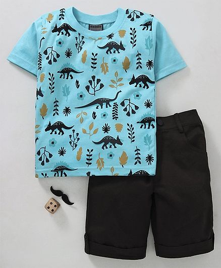 Rikidoos Half Sleeves Dinosaur Printed Tee & Shorts Set - Blue & Black