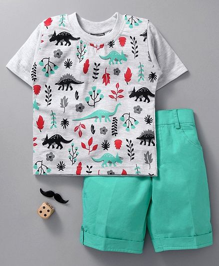 Rikidoos Half Sleeves Dinosaur Printed Tee & Shorts Set - Green