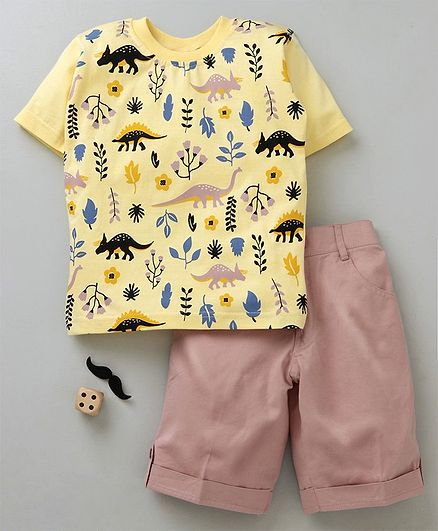 Rikidoos Half Sleeves Dinosaur Printed Tee & Shorts Set - Yellow & Peach