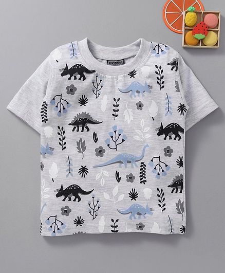 Rikidoos Half Sleeves Dinosaur Printed Tee - Grey