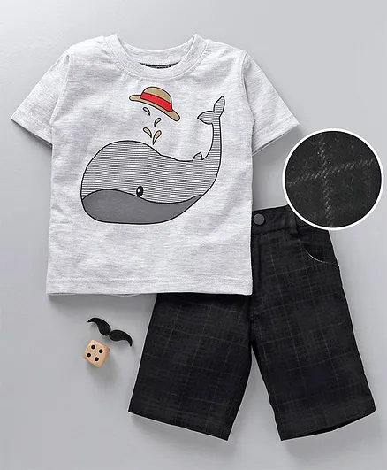 Rikidoos Half Sleeves Whale Printed Tee & Shorts Set - Black & Grey