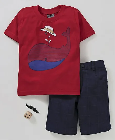 Rikidoos Half Sleeves Whale Printed Tee & Shorts Set - Red & Navy Blue