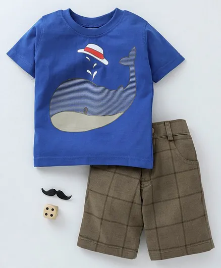 Rikidoos Half Sleeves Whale Printed Tee & Shorts Set - Blue & Beige