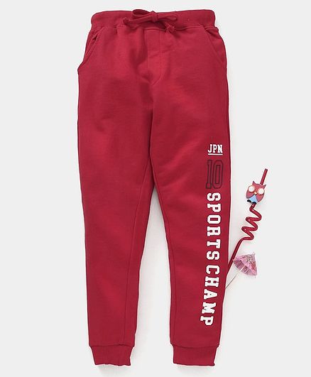 Babyhug Full Length Knitted Lounge Pant Sports Champ Print - Red