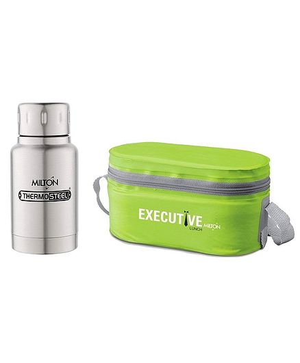 Milton Steel Lunch Box Set With 160 ml Steel Plain Elfin Thermosteel Insulated Bottle - Green