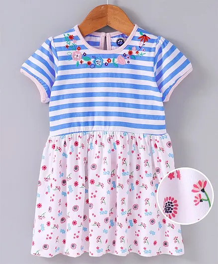 JusCubs Floral Printed & Striped Half Sleeves Dress - Pink & Blue
