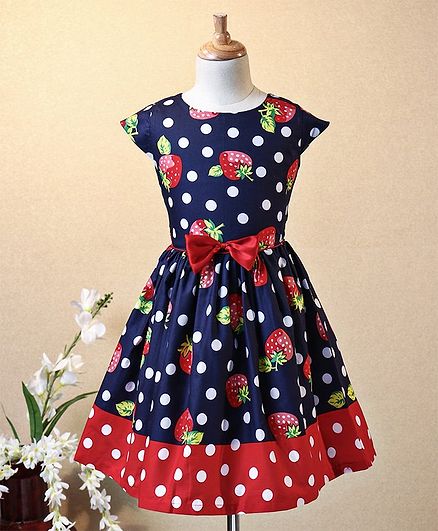 Aarika Cap Sleeves Strawberry Print Dress - Navy Blue