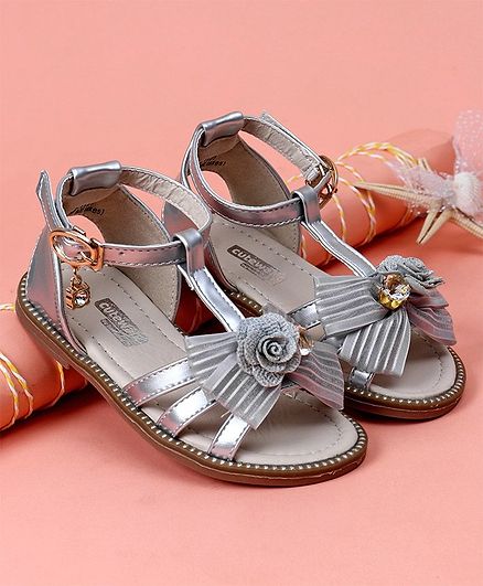 Cute walk by Babyhug Party Wear Sandals Bow Applique - Grey