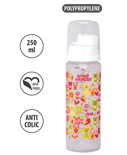 Small Wonder Polypropylene Plastic Feeding Bottle Animal Print White - 250 ml
