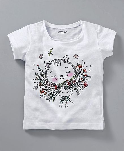 Fox Baby Half Sleeves Top Kitty Print - White