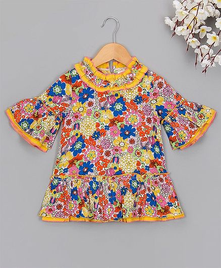 Budding Bees Floral Printed Three Fourth Sleeves Dress - Multicolor