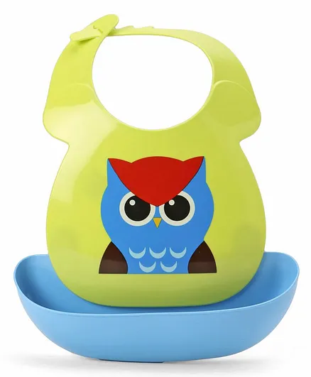 Babyhug Plastic Bib with Detachable Crumb Catcher Owl - Green