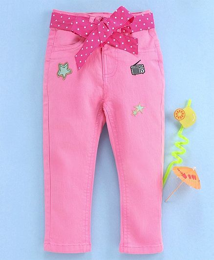Babyhug Full Length Regular Fit Jeans Badge Embellishment - Pink