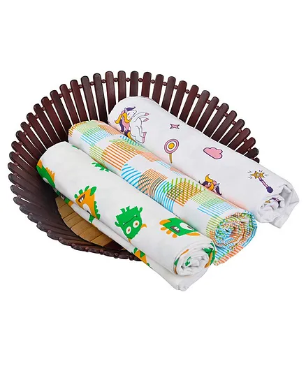 Wonder Wee Cotton Baby Swaddle Blanket Unicorn Lines & Monster Print Pack of 3 - Multicolor