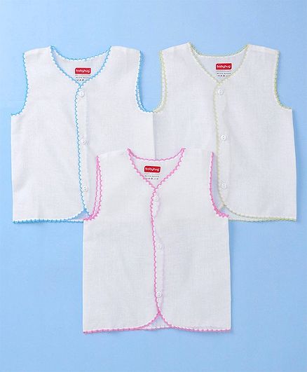 Babyhug Cotton Sleeveless Front Open Jhabla With Picoting Pack of 3 - White