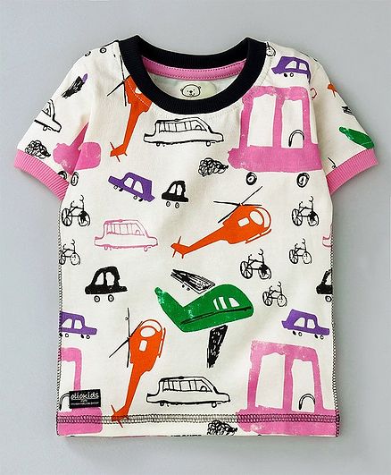 Olio Kids Half Sleeves Tee Vehicle Print - White Pink