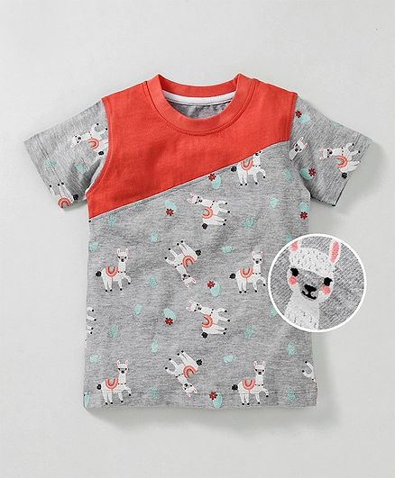 Earth Conscious Half Sleeves Llama Print Tee - Grey