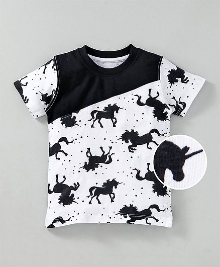 Earth Conscious Half Sleeves Unicorn Print Tee - Black & White