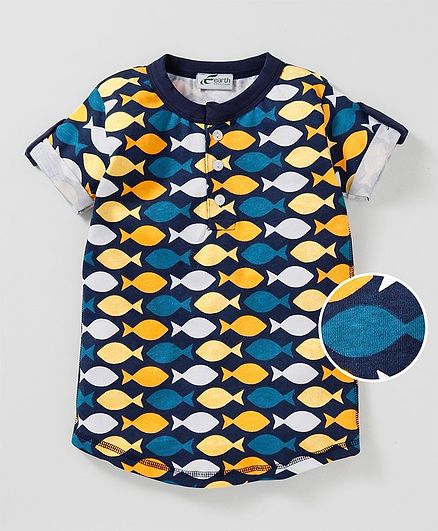 Earth Conscious Half Sleeves Fish Print Tee - Navy Blue