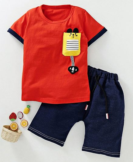 Kookie Kids Half Sleeves Tee & Shorts Bird Print - Orange