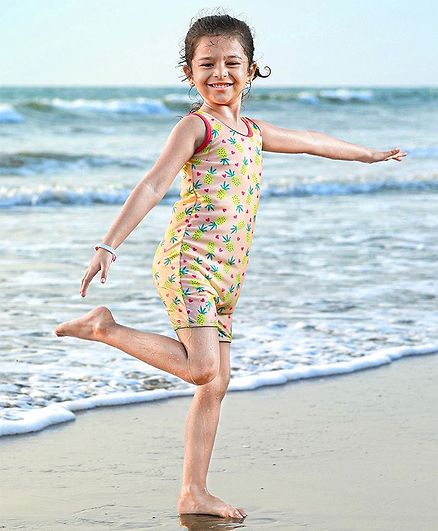 Babyhug Sleeveless Legged Swim Suit Pineapple Print - Peach