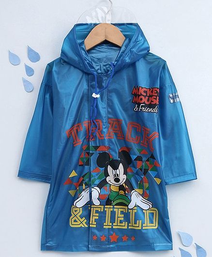 Babyhug Full Sleeves Hooded Raincoat Mickey Mouse Print - Royal Blue