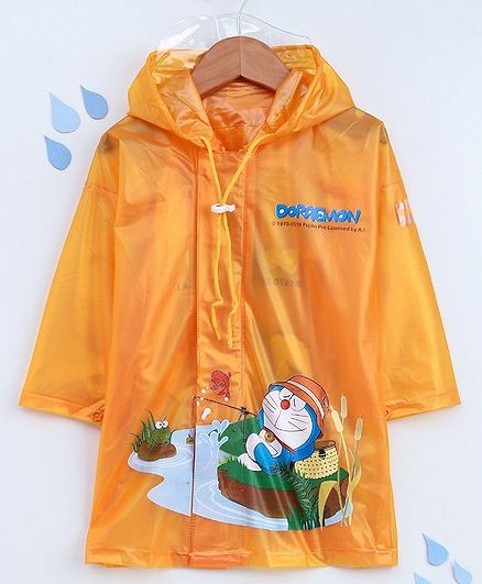 Babyhug Full Sleeves Hooded Raincoat Doraemon Print - Dark Yellow