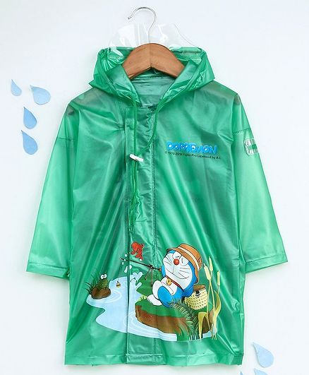 Babyhug Full Sleeves Hooded Raincoat Doraemon Print - Green