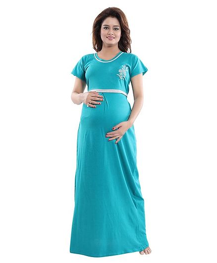 Fabme Half Sleeves Night Dress With Zip Opening At Bust - Sea Green
