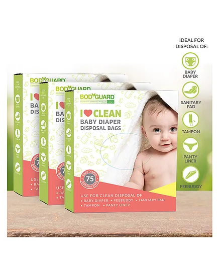 BodyGuard I Love Clean Baby Diaper Disposal Bags - 225 Bags (3 Pack - 75 Bags Each)