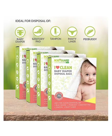 BodyGuard I Love Clean Baby Diaper Disposal Bags - 300 Bags (4 Pack - 75 Bags Each)