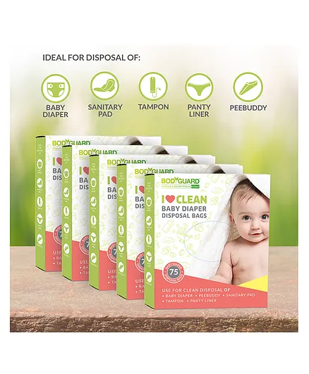 BodyGuard I Love Clean Baby Diaper Disposal Bags - 375 Bags (5 Pack - 75 Bags Each)