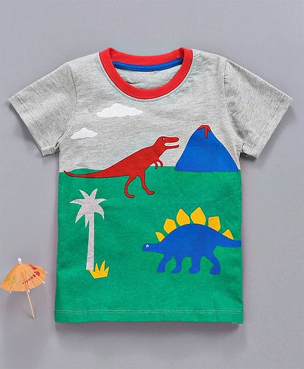 Kookie Kids Half Sleeves Tee Dino Print - Grey Green