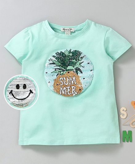 Memory Life Short Sleeves Tee Sequin Flip Pineapple Design - Light Green