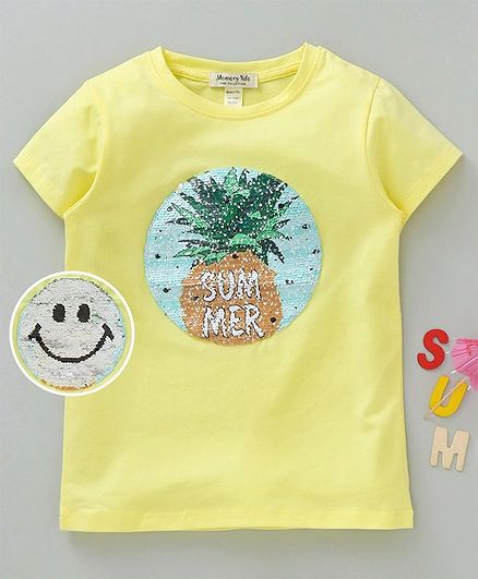 Memory Life Short Sleeves Tee Sequin Flip Pineapple Design - Light Yellow