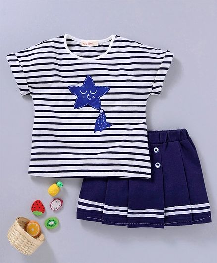 Kookie Kids Striped Half Sleeves Top & Skirt - Blue