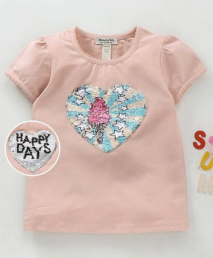 Memory Life Short Sleeves Tee Sequin Flip Ice Cream Design - Peach
