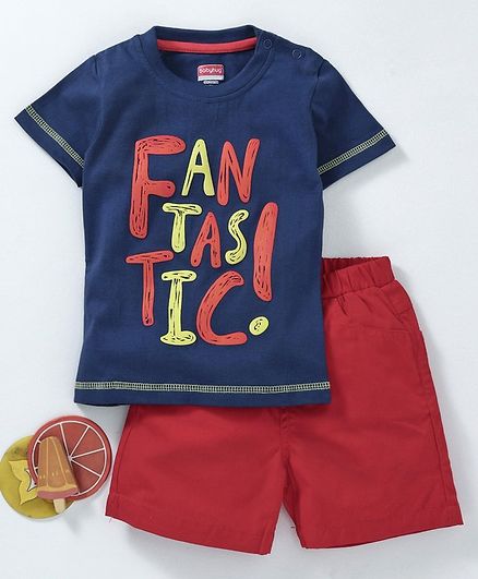 Babyhug Half Sleeves Tee & Shorts Set Text Print - Navy Blue Red