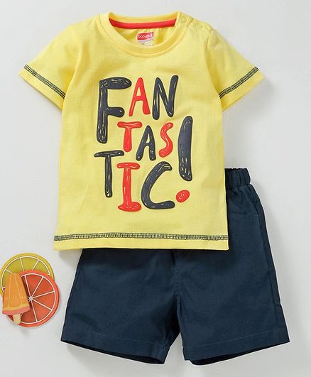 Babyhug Half Sleeves Tee & Shorts Set Text Print - Yellow Blue