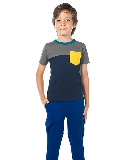 Cherry Crumble by Nitt Hyman Half Sleeves T-Shirt With Front Pocket - Navy Blue & Grey