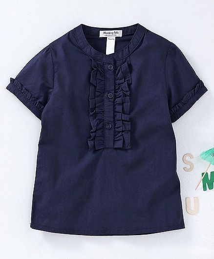 Memory Life Half Sleeves Top Ruffled Pattern - Navy