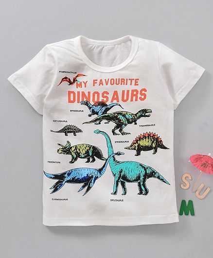 Kookie Kids Half Sleeves Tee Dinosaur Print - White