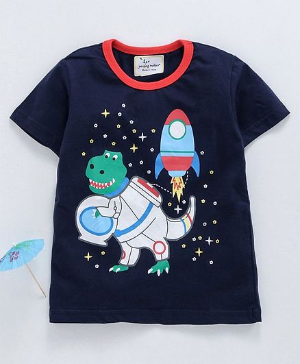 Kookie Kids Half Sleeves Tee Team Space Dino Print - Navy Blue