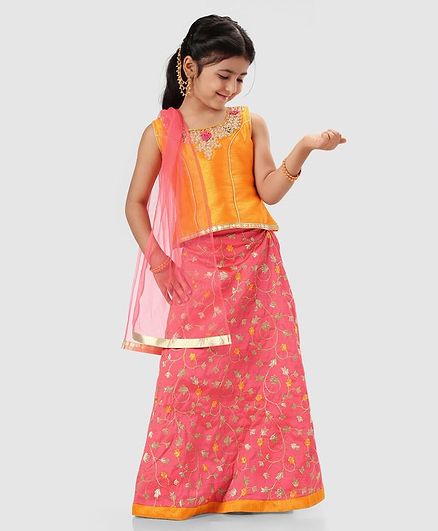 Babyhug Lehenga With Sleeveless Choli & Net Dupatta Floral Embroidered - Yellow Peach