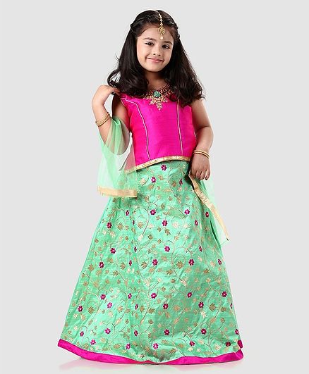 Babyhug Lehenga With Sleeveless Choli & Net Dupatta Floral Embroidered - Pink Sea Green