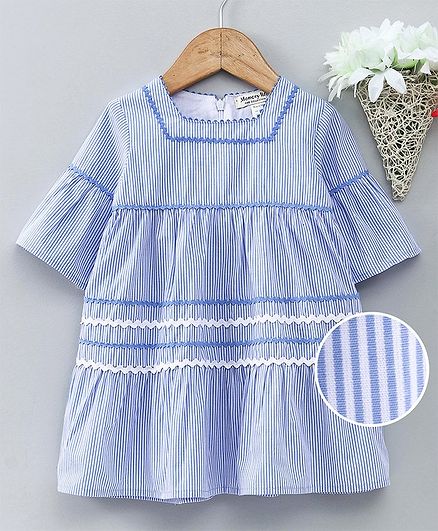 Memory Life Three Fourth Sleeves Striped Frock - Blue